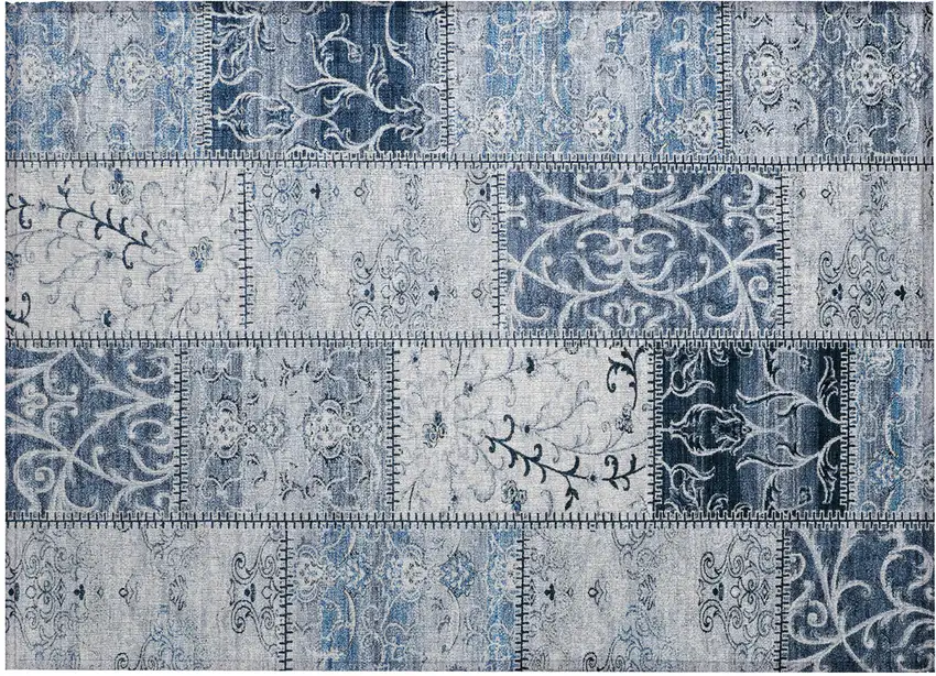 Denim Blue Patchwork Washable Non Skid Indoor Outdoor Area Rug Photo 2