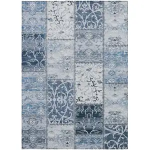Photo of Denim Blue Patchwork Washable Non Skid Indoor Outdoor Area Rug