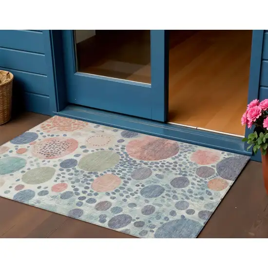 Denim Blue Peach And Artichoke Green Geometric Washable Indoor Outdoor Area Rug Photo 2