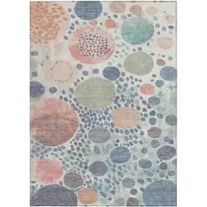 Photo of Denim Blue Peach And Artichoke Green Geometric Washable Indoor Outdoor Area Rug