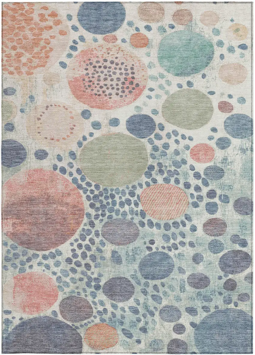 Denim Blue Peach And Artichoke Green Geometric Washable Indoor Outdoor Area Rug Photo 1