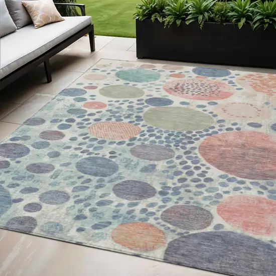 Denim Blue Peach And Artichoke Green Geometric Washable Indoor Outdoor Area Rug Photo 2