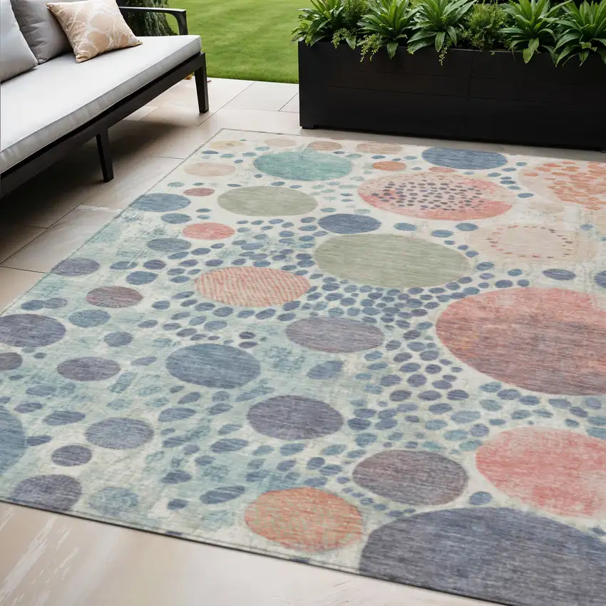 Denim Blue Peach And Artichoke Green Geometric Washable Indoor Outdoor Area Rug Photo 2