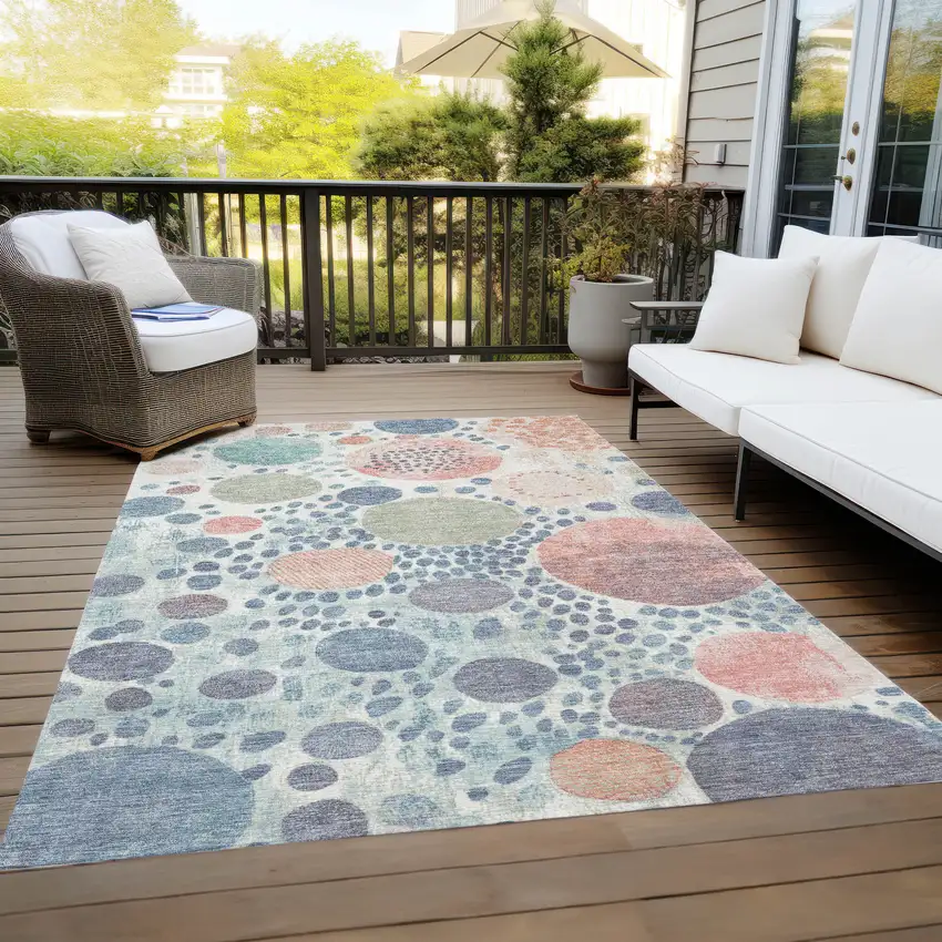 Denim Blue Peach And Artichoke Green Geometric Washable Indoor Outdoor Area Rug Photo 7