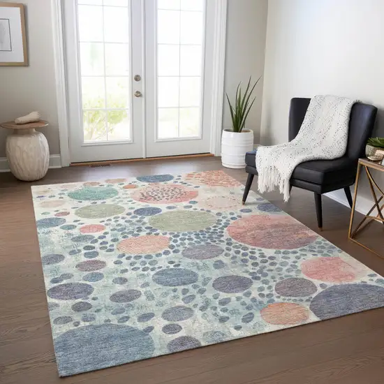 Denim Blue Peach And Artichoke Green Geometric Washable Indoor Outdoor Area Rug Photo 5