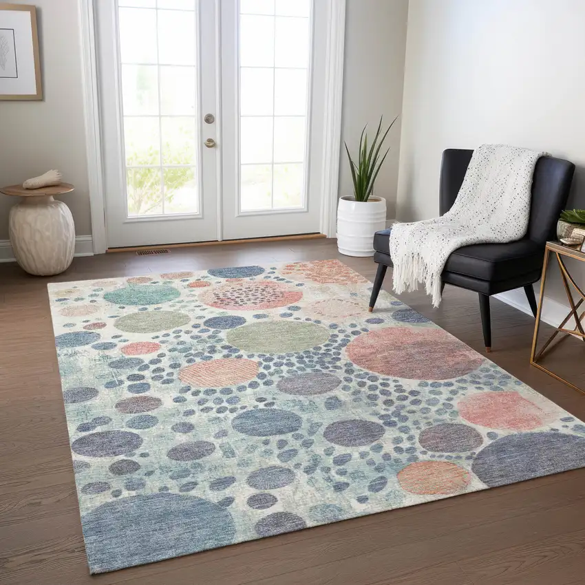 Denim Blue Peach And Artichoke Green Geometric Washable Indoor Outdoor Area Rug Photo 5