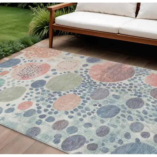 Denim Blue Peach And Artichoke Green Geometric Washable Indoor Outdoor Area Rug Photo 2