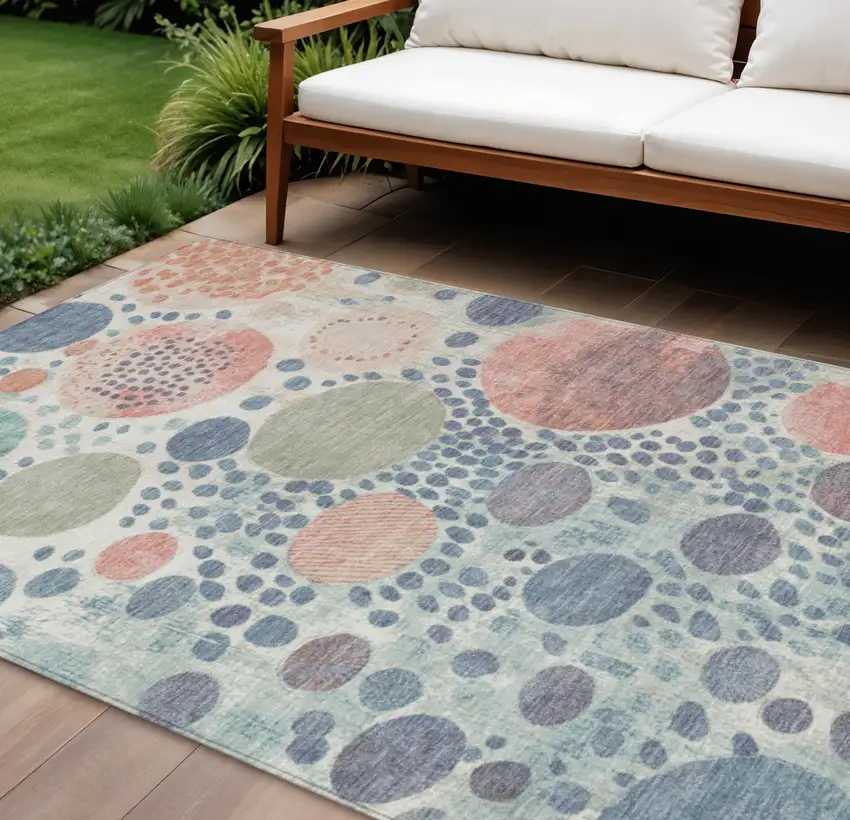 Denim Blue Peach And Artichoke Green Geometric Washable Indoor Outdoor Area Rug Photo 2