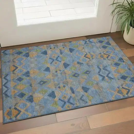 Denim Blue Peach And Green Geometric Washable Area Rug With UV Protection Photo 2
