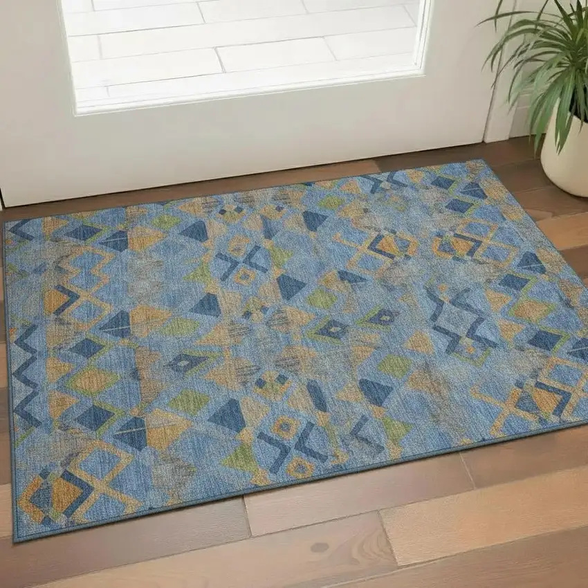 Denim Blue Peach And Green Geometric Washable Area Rug With UV Protection Photo 2