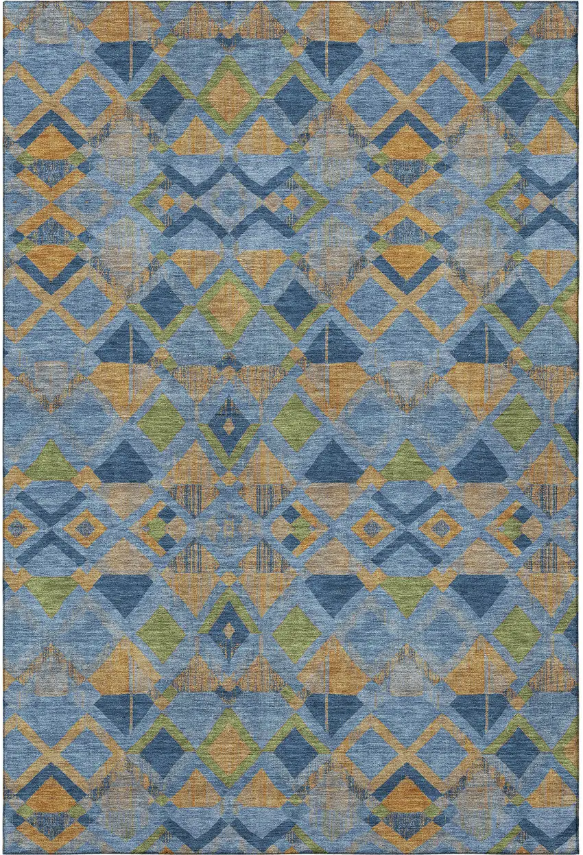 Denim Blue Peach And Green Geometric Washable Area Rug With UV Protection Photo 3