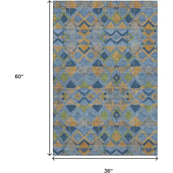 Denim Blue Peach And Green Geometric Washable Area Rug With UV Protection Photo 3