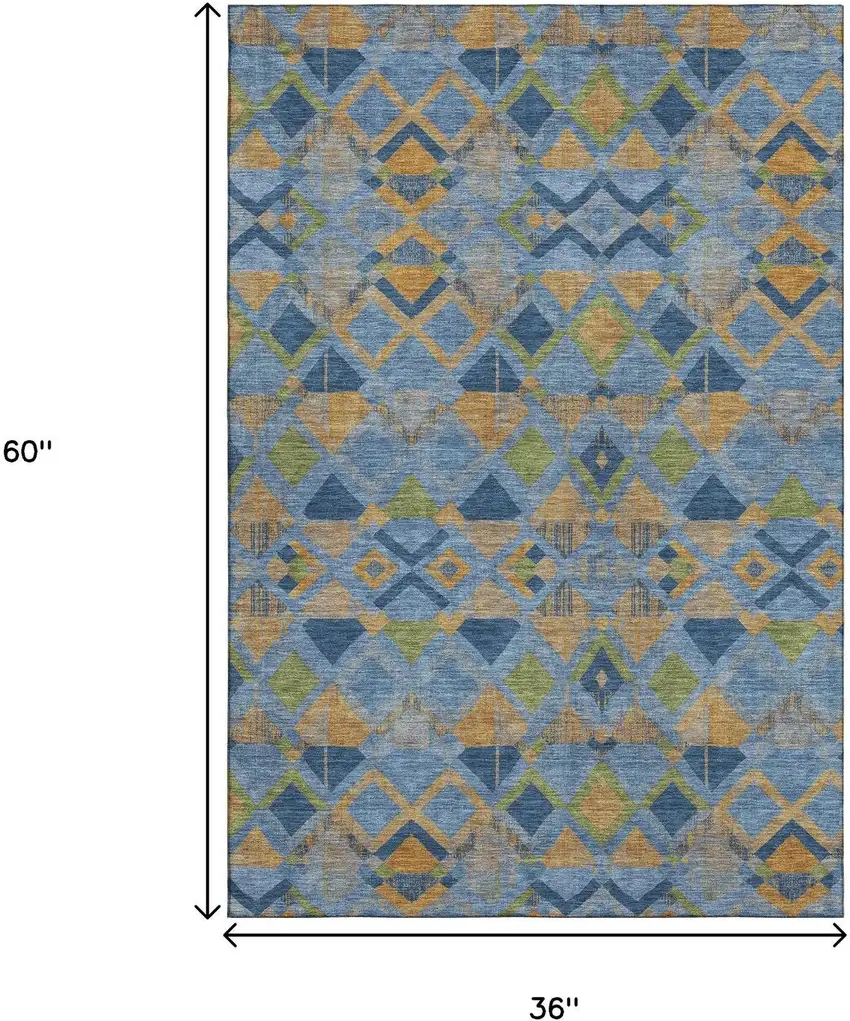Denim Blue Peach And Green Geometric Washable Area Rug With UV Protection Photo 3