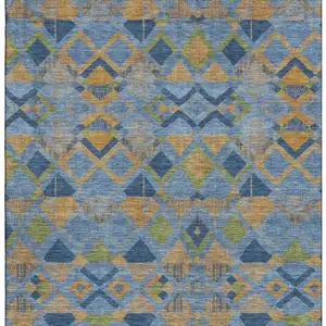 Photo of Denim Blue Peach And Green Geometric Washable Area Rug With UV Protection