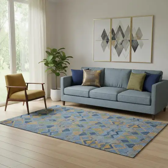 Denim Blue Peach And Green Geometric Washable Area Rug With UV Protection Photo 2