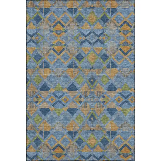 Denim Blue Peach And Green Geometric Washable Area Rug With UV Protection Photo 1