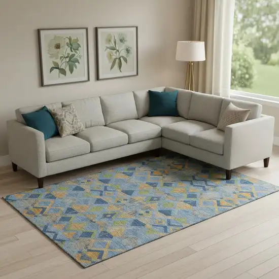 Denim Blue Peach And Green Geometric Washable Area Rug With UV Protection Photo 1