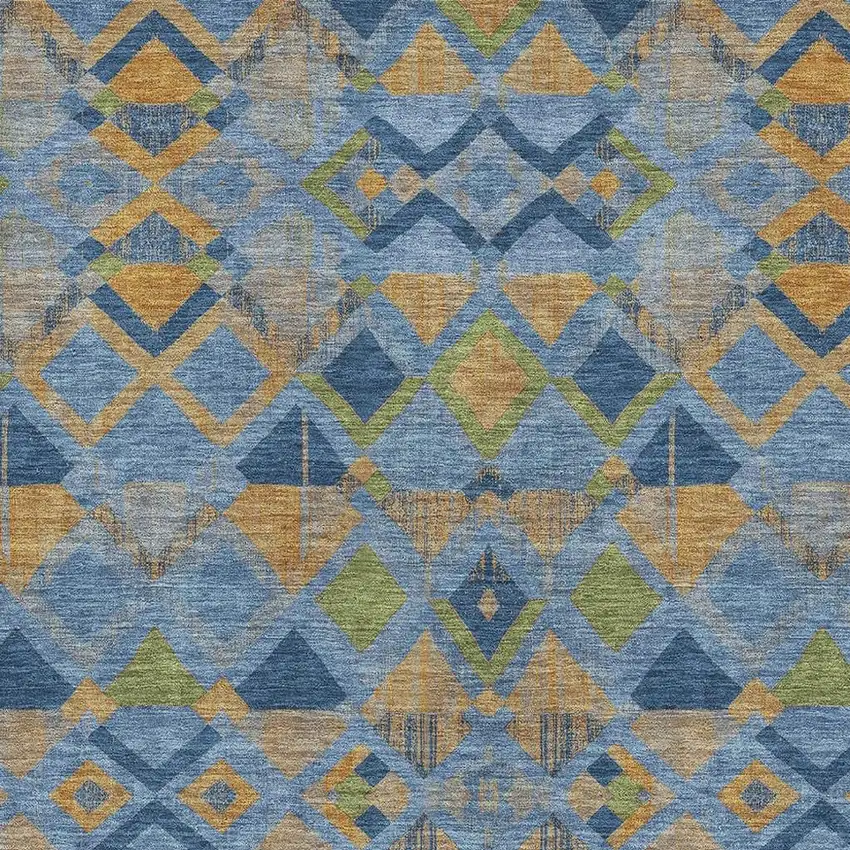 Denim Blue Peach And Green Geometric Washable Area Rug With UV Protection Photo 2