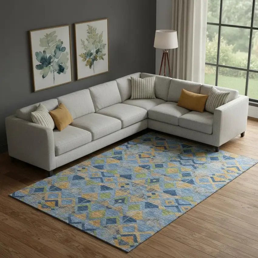 Denim Blue Peach And Green Geometric Washable Area Rug With UV Protection Photo 2