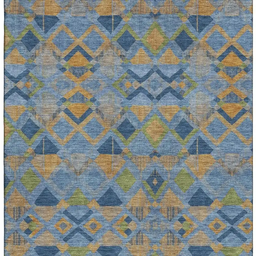 Denim Blue Peach And Green Geometric Washable Area Rug With UV Protection Photo 2