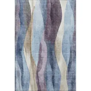 Photo of Denim Blue Purple And Beige Abstract Washable Area Rug With UV Protection