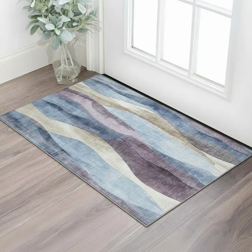 Denim Blue Purple And Beige Abstract Washable Area Rug With UV Protection Photo 2