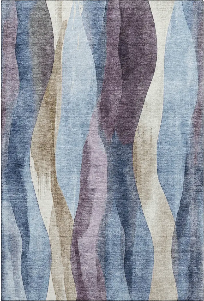 Denim Blue Purple And Beige Abstract Washable Area Rug With UV Protection Photo 1
