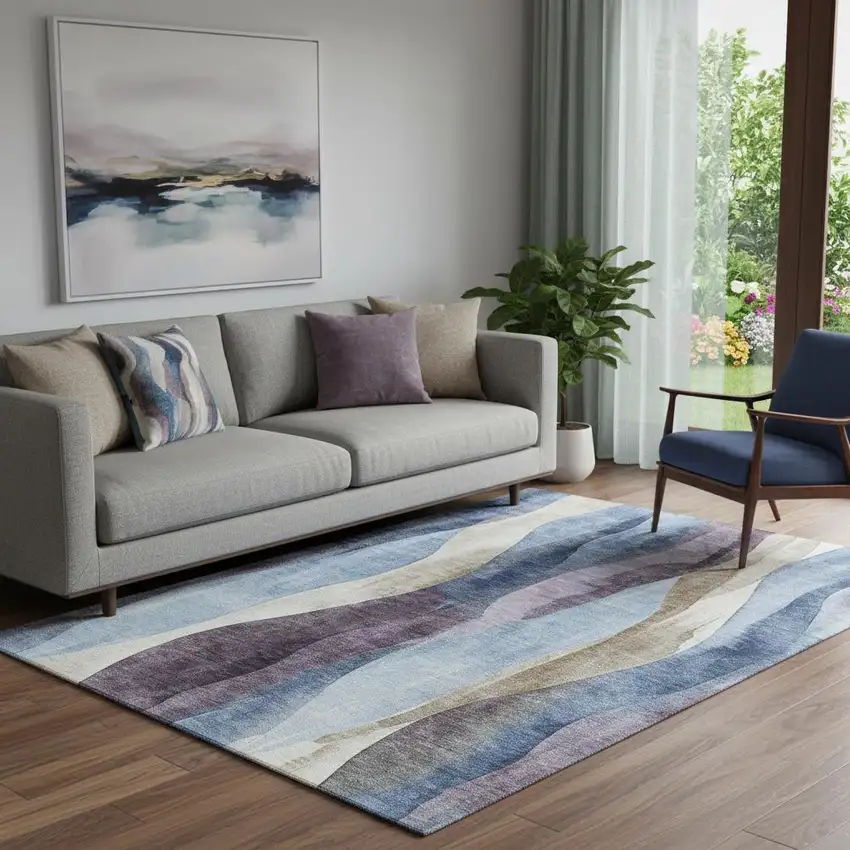 Denim Blue Purple And Beige Abstract Washable Area Rug With UV Protection Photo 2