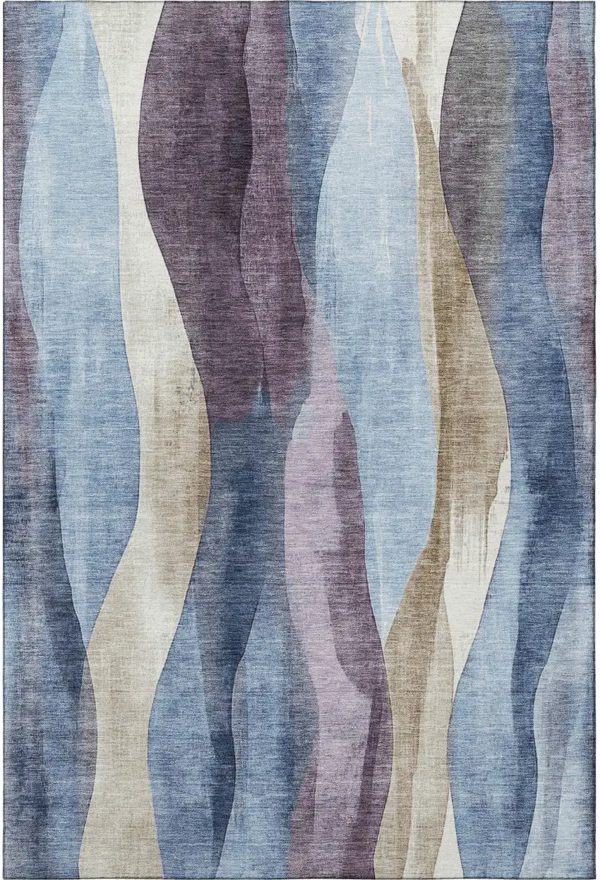 Denim Blue Purple And Beige Abstract Washable Area Rug With UV Protection Photo 4
