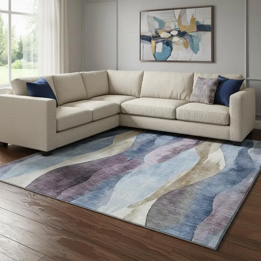 Denim Blue Purple And Beige Abstract Washable Area Rug With UV Protection Photo 2