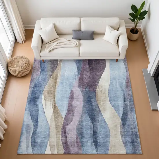 Denim Blue Purple And Beige Abstract Washable Area Rug With UV Protection Photo 5