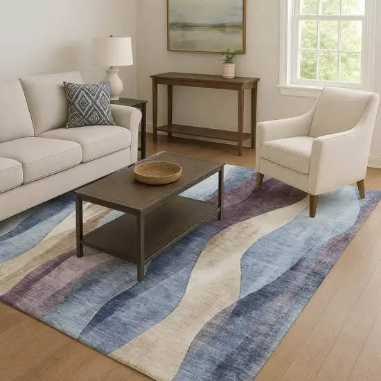 Denim Blue Purple And Beige Abstract Washable Area Rug With UV Protection Photo 6