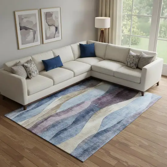 Denim Blue Purple And Beige Abstract Washable Area Rug With UV Protection Photo 2
