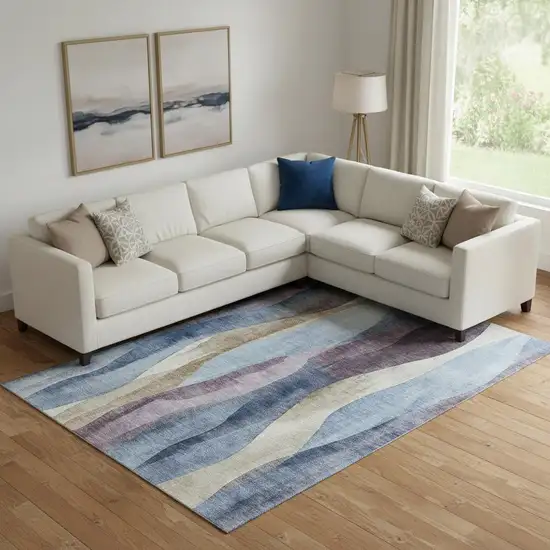 Denim Blue Purple And Beige Abstract Washable Area Rug With UV Protection Photo 2