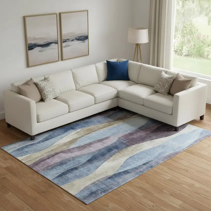 Denim Blue Purple And Beige Abstract Washable Area Rug With UV Protection Photo 2