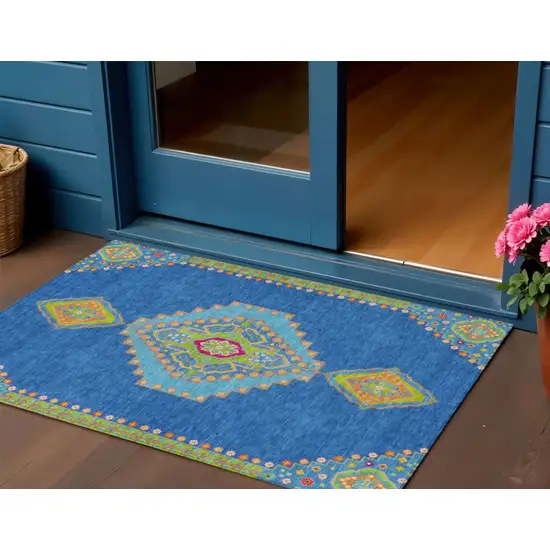 Denim Blue Red And Green Oriental Washable Indoor Outdoor Area Rug Photo 1