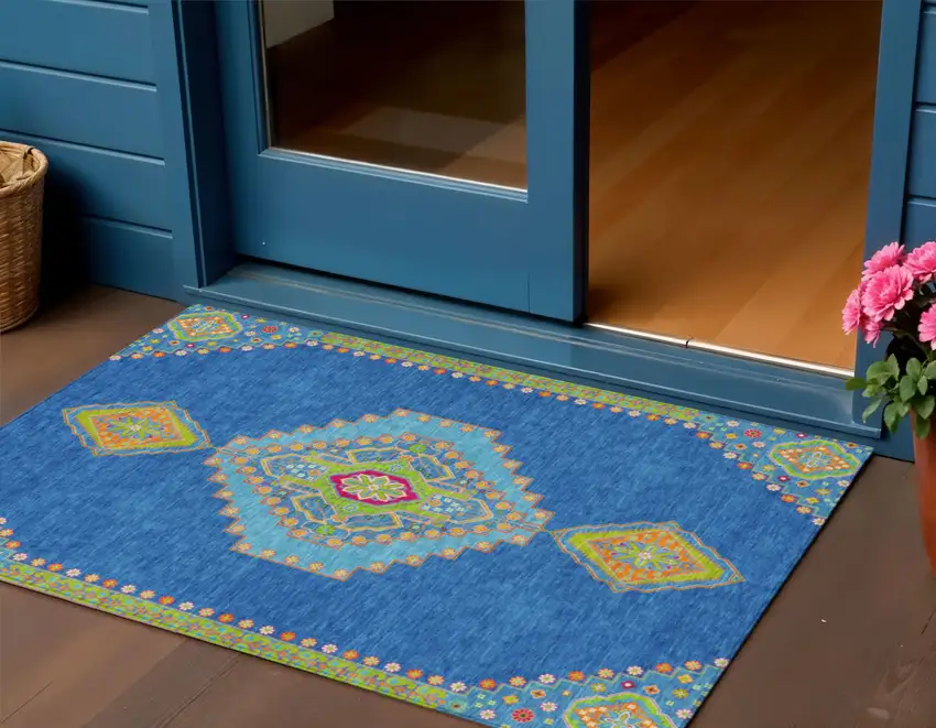 Denim Blue Red And Green Oriental Washable Indoor Outdoor Area Rug Photo 1