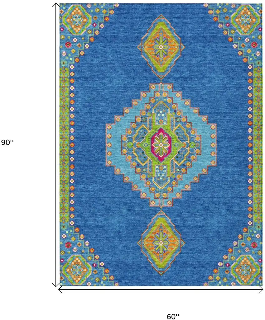 Denim Blue Red And Green Oriental Washable Indoor Outdoor Area Rug Photo 3