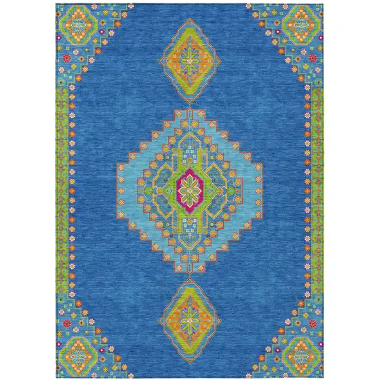 Denim Blue Red And Green Oriental Washable Indoor Outdoor Area Rug Photo 2