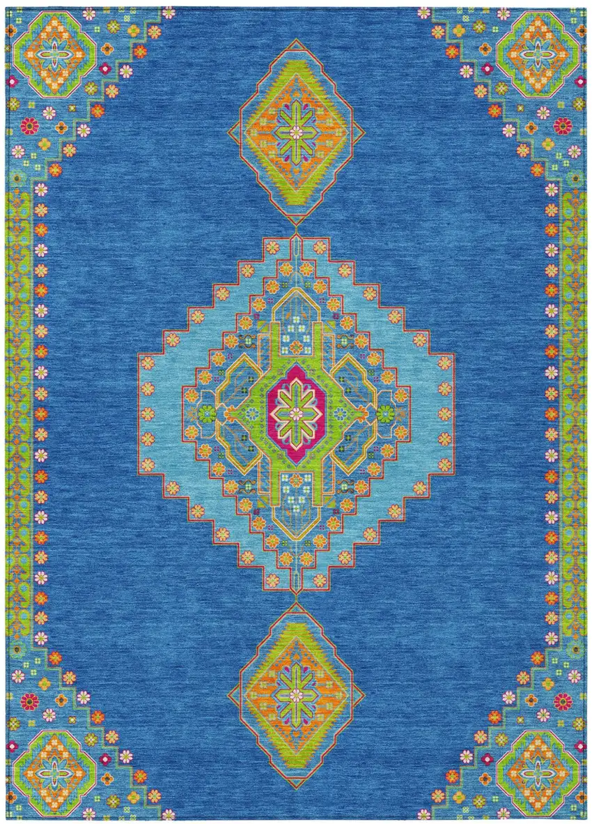 Denim Blue Red And Green Oriental Washable Indoor Outdoor Area Rug Photo 2