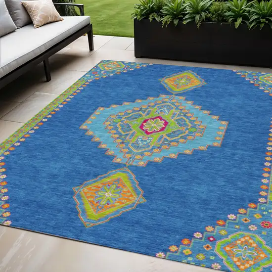 Denim Blue Red And Green Oriental Washable Indoor Outdoor Area Rug Photo 1