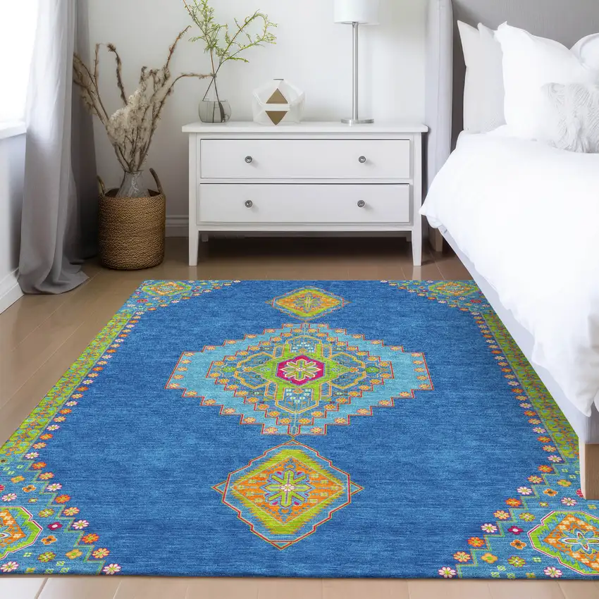 Denim Blue Red And Green Oriental Washable Indoor Outdoor Area Rug Photo 9