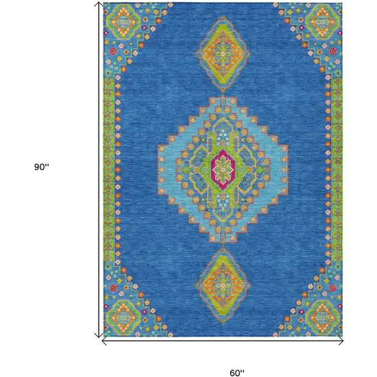 Denim Blue Red And Green Oriental Washable Indoor Outdoor Area Rug Photo 7