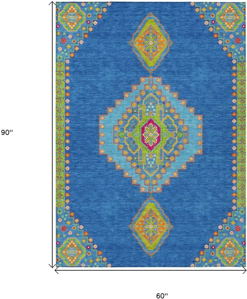 Denim Blue Red And Green Oriental Washable Indoor Outdoor Area Rug Photo 7