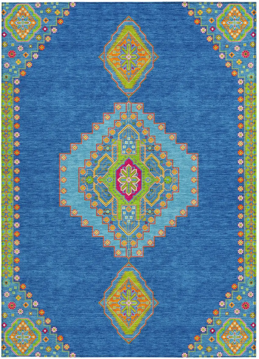 Denim Blue Red And Green Oriental Washable Indoor Outdoor Area Rug Photo 7