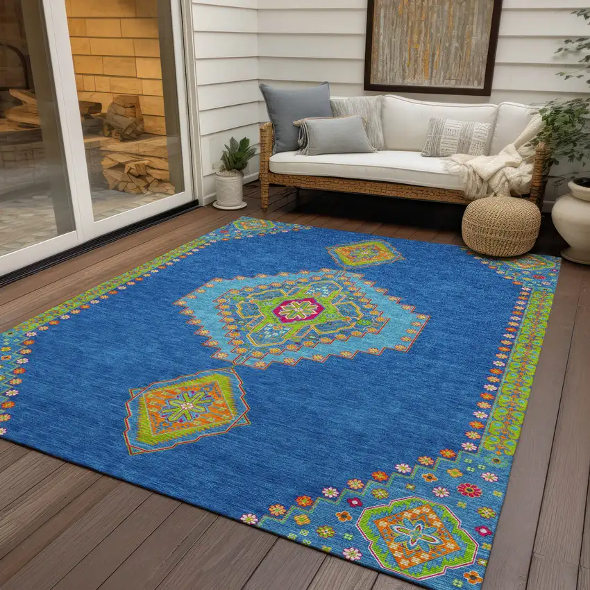 Denim Blue Red And Green Oriental Washable Indoor Outdoor Area Rug Photo 8