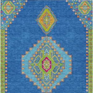 Photo of Denim Blue Red And Green Oriental Washable Indoor Outdoor Area Rug