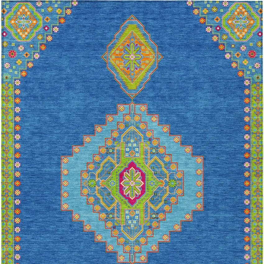 Denim Blue Red And Green Oriental Washable Indoor Outdoor Area Rug Photo 7