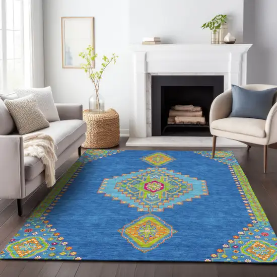 Denim Blue Red And Green Oriental Washable Indoor Outdoor Area Rug Photo 9
