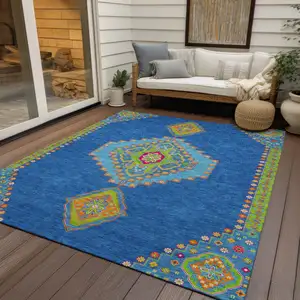 Photo of Denim Blue Red And Green Oriental Washable Indoor Outdoor Area Rug